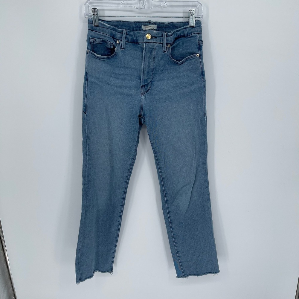 Good American Women's Blue High Rise Raw Hem Straight Leg Denim Jeans Size 8/29